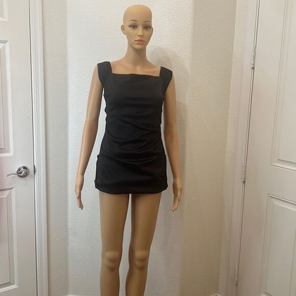 Betsy & Adam Size 4 Black Dress Black Slimming Ruching Square Neck Capped Sleeve - Picture 1 of 10